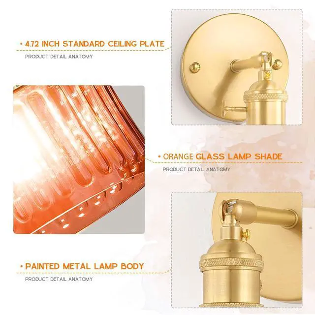 Alt view image 3 of 7 - Farmhouse Vanity Light Orange Glass 1-Light Mid Century Wall Lights | Vintage Brushed Gold Brass Swing arm Round Stripe Glass Shade D6.7*H7.1 E26 Base for Over Mirror Bedroom Bathroom Hallway