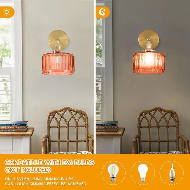 Alt view image 4 of 7 - Farmhouse Vanity Light Orange Glass 1-Light Mid Century Wall Lights | Vintage Brushed Gold Brass Swing arm Round Stripe Glass Shade D6.7*H7.1 E26 Base for Over Mirror Bedroom Bathroom Hallway