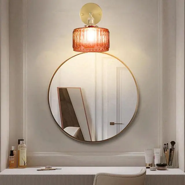 Alt view image 5 of 7 - Farmhouse Vanity Light Orange Glass 1-Light Mid Century Wall Lights | Vintage Brushed Gold Brass Swing arm Round Stripe Glass Shade D6.7*H7.1 E26 Base for Over Mirror Bedroom Bathroom Hallway