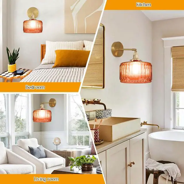 Alt view image 7 of 7 - Farmhouse Vanity Light Orange Glass 1-Light Mid Century Wall Lights | Vintage Brushed Gold Brass Swing arm Round Stripe Glass Shade D6.7*H7.1 E26 Base for Over Mirror Bedroom Bathroom Hallway
