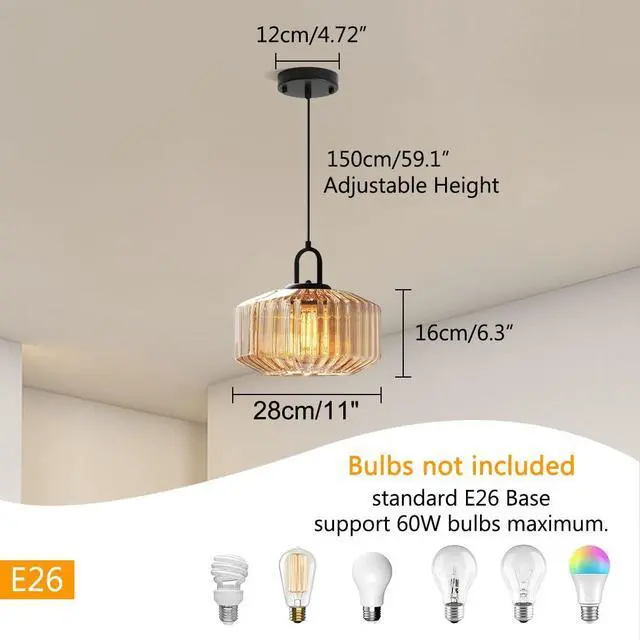 Alt view image 2 of 7 - Glass Globe Pendant Light fixtures 1-Lights Black Mid Century Modern Pendant Lights with Amber Hand Blown Glass Shade Ceiling Hanging Lighting for Dining Room Kitchen Ceiling Hanging Light
