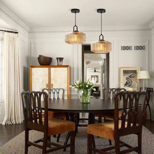 Alt view image 4 of 7 - Glass Globe Pendant Light fixtures 1-Lights Black Mid Century Modern Pendant Lights with Amber Hand Blown Glass Shade Ceiling Hanging Lighting for Dining Room Kitchen Ceiling Hanging Light