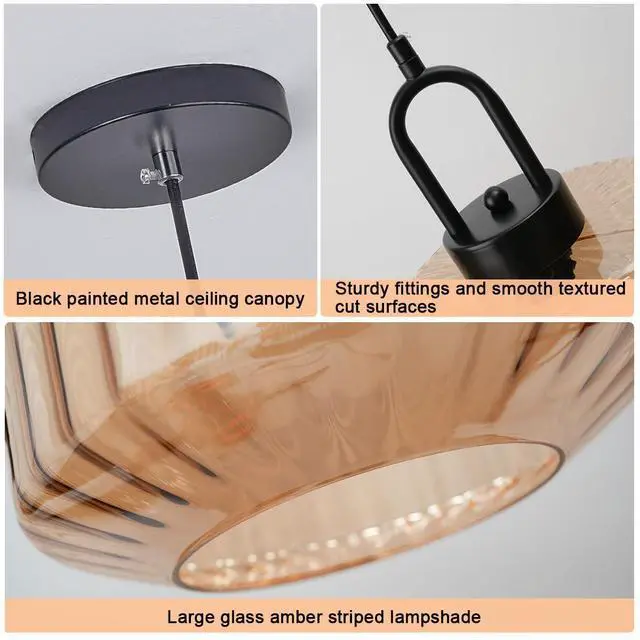Alt view image 3 of 7 - Glass Globe Pendant Light fixtures 1-Lights Black Mid Century Modern Pendant Lights with Amber Hand Blown Glass Shade Ceiling Hanging Lighting for Dining Room Kitchen Ceiling Hanging Light