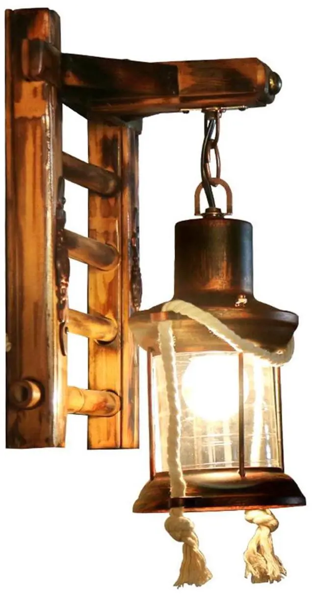 Main image of Retro Industrial Wall Sconce Kerosene 1-Light Retro Wooden Wall Lighting with Wood Ladder Glass Shade Antique Metal Farmhouse Wall Lights Indoor Bedroom Rustic Lantern Wall Light Fixture