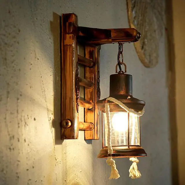 Alt view image 4 of 7 - Retro Industrial Wall Sconce Kerosene 1-Light Retro Wooden Wall Lighting with Wood Ladder Glass Shade Antique Metal Farmhouse Wall Lights Indoor Bedroom Rustic Lantern Wall Light Fixture