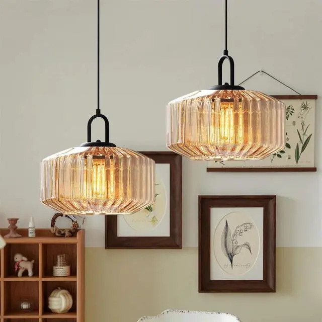 Alt view image 5 of 7 - Glass Globe Pendant Light fixtures 1-Lights Black Mid Century Modern Pendant Lights with Amber Hand Blown Glass Shade Ceiling Hanging Lighting for Dining Room Kitchen Ceiling Hanging Light