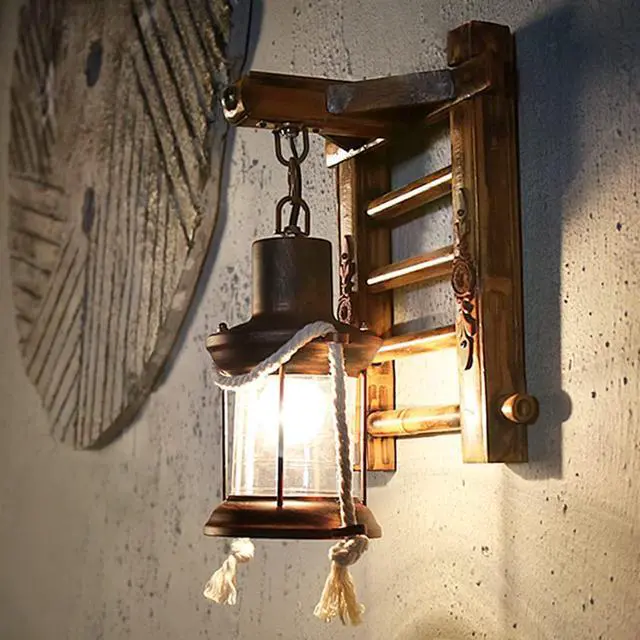Alt view image 3 of 7 - Retro Industrial Wall Sconce Kerosene 1-Light Retro Wooden Wall Lighting with Wood Ladder Glass Shade Antique Metal Farmhouse Wall Lights Indoor Bedroom Rustic Lantern Wall Light Fixture
