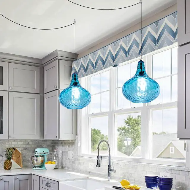 Alt view image 6 of 7 - 2-Pack Blue Hanging Lamp Vintage Plug in Pendant Light Fixture Globe Glass Plug in Ceilig Pendant Lamp with Cord Hammered Shade Plugin Hanging Lamp for Bedroom Dining Living Room
