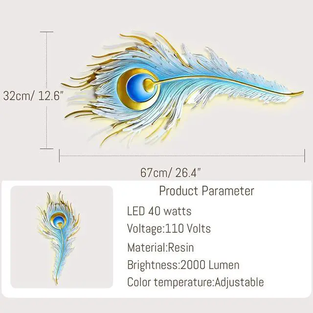Alt view image 2 of 7 - Peacock Feather wall Light Unique Modern LED wall Light fixtures | Creative Wall Sconce Blue Design indoor Art Decor 26.4" Height Three-color lighting Changing Living Room Dining Room Bedroom