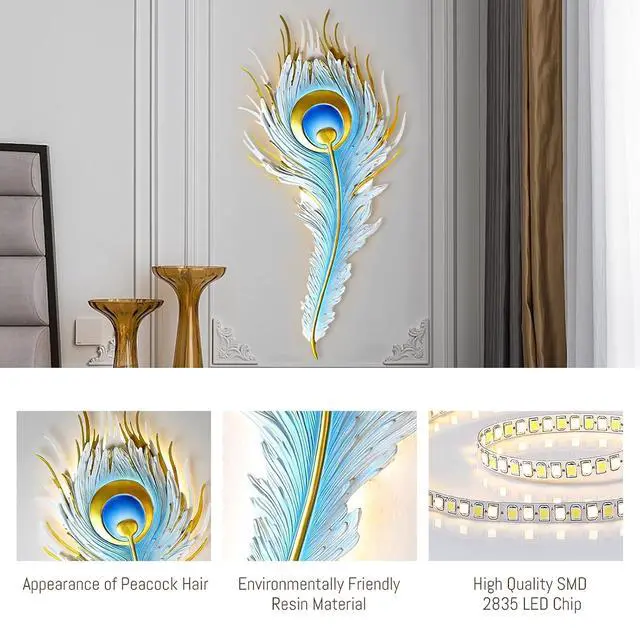 Alt view image 3 of 7 - Peacock Feather wall Light Unique Modern LED wall Light fixtures | Creative Wall Sconce Blue Design indoor Art Decor 26.4" Height Three-color lighting Changing Living Room Dining Room Bedroom