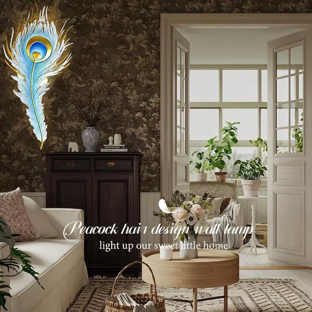 Alt view image 4 of 7 - Peacock Feather wall Light Unique Modern LED wall Light fixtures | Creative Wall Sconce Blue Design indoor Art Decor 26.4" Height Three-color lighting Changing Living Room Dining Room Bedroom