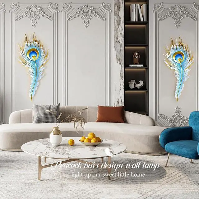 Alt view image 5 of 7 - Peacock Feather wall Light Unique Modern LED wall Light fixtures | Creative Wall Sconce Blue Design indoor Art Decor 26.4" Height Three-color lighting Changing Living Room Dining Room Bedroom