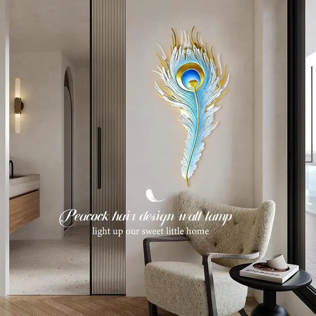 Alt view image 6 of 7 - Peacock Feather wall Light Unique Modern LED wall Light fixtures | Creative Wall Sconce Blue Design indoor Art Decor 26.4" Height Three-color lighting Changing Living Room Dining Room Bedroom