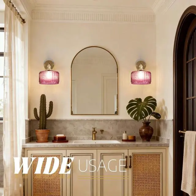 Alt view image 5 of 7 - Vintage Wall Sconce Light Pink Stripe Glass Bathroom Light Fixture Brushed Gold Vanity Light Bathroom Sconce Modern Wall Mount Light Swing arm Wall Lighting fixtures for Over Mirror