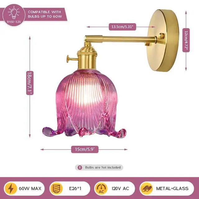 Alt view image 2 of 7 - Small Glass Wall Light Fixture Vintage Purple Flower Floral Shade | Gold Brass Finish,90° Swing arm,Lily of Glass Sconce,E26 Base,Vanity Light Fixture,Over Mirror,Bedroom,Bathroom,Hallway,Café