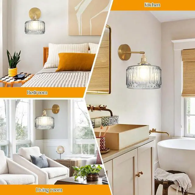 Alt view image 7 of 7 - Glass Wall Mount Light Gray GlassShade Vintage Bathroom Lamp Fixture | Mid Century Art Deco Gold Brass Swing arm D6.7 Round Stripe Glass Shade E26 Base for Over Mirror Bedroom Farmhouse Hallway