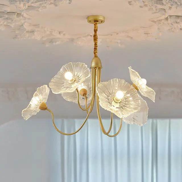 Main image of Gold Mid Century Modern Chandelier 6-Lights Glass Flush Mount Ceiling Light Fixture Flower Glass Chandelier Vintage Pendant Lights Sputnik Overhead Light for Dining Room Living Room
