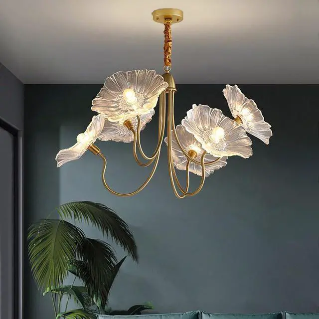 Alt view image 4 of 7 - Gold Mid Century Modern Chandelier 6-Lights Glass Flush Mount Ceiling Light Fixture Flower Glass Chandelier Vintage Pendant Lights Sputnik Overhead Light for Dining Room Living Room