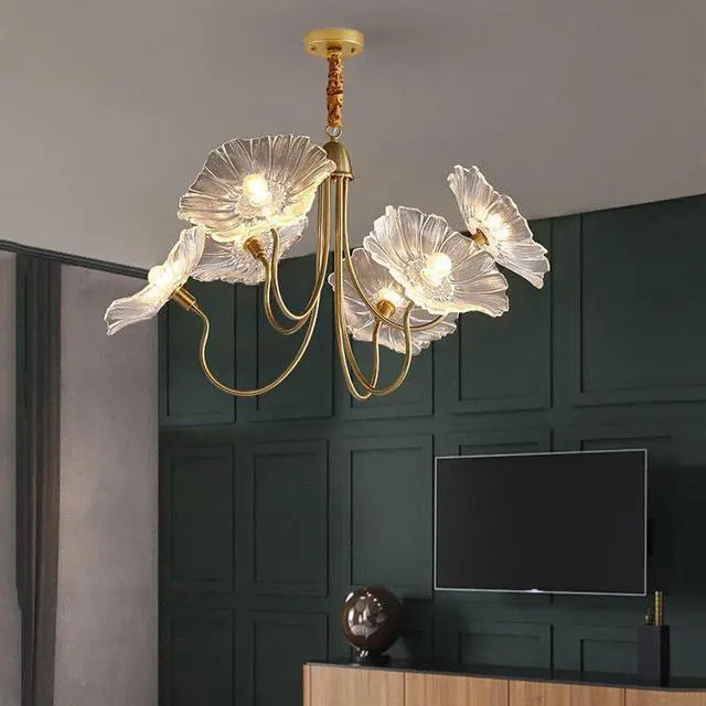 Alt view image 5 of 7 - Gold Mid Century Modern Chandelier 6-Lights Glass Flush Mount Ceiling Light Fixture Flower Glass Chandelier Vintage Pendant Lights Sputnik Overhead Light for Dining Room Living Room
