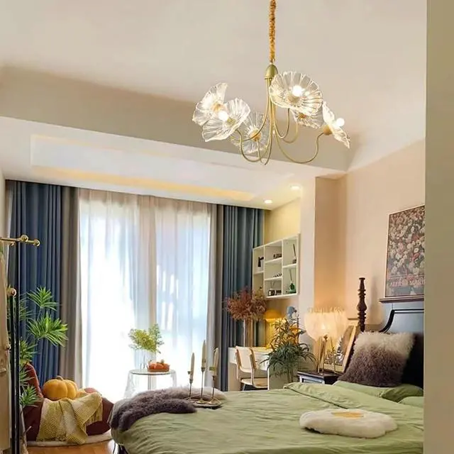Alt view image 6 of 7 - Gold Mid Century Modern Chandelier 6-Lights Glass Flush Mount Ceiling Light Fixture Flower Glass Chandelier Vintage Pendant Lights Sputnik Overhead Light for Dining Room Living Room