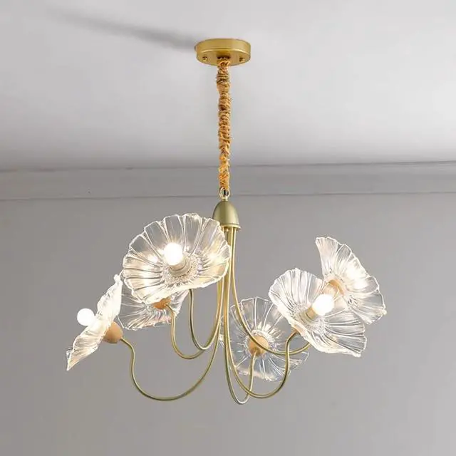 Alt view image 7 of 7 - Gold Mid Century Modern Chandelier 6-Lights Glass Flush Mount Ceiling Light Fixture Flower Glass Chandelier Vintage Pendant Lights Sputnik Overhead Light for Dining Room Living Room
