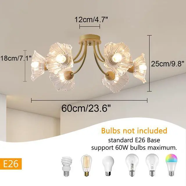 Alt view image 2 of 7 - Gold Brass Flush Mount Ceiling Lights Fixture 6-Light Mid Century Modern Ceiling Light with Clear Glass Flower Shape Shade Sputnik Ceiling Lighting for Bedroom Living Dining Room