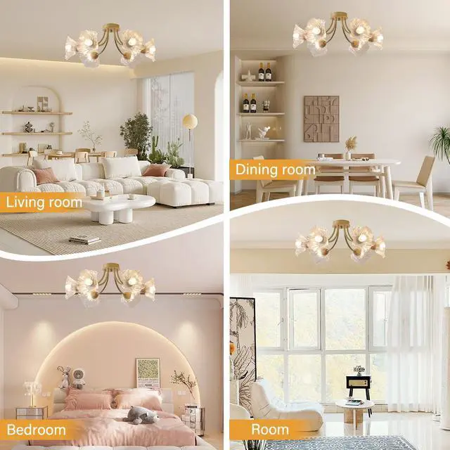 Alt view image 3 of 7 - Gold Brass Flush Mount Ceiling Lights Fixture 6-Light Mid Century Modern Ceiling Light with Clear Glass Flower Shape Shade Sputnik Ceiling Lighting for Bedroom Living Dining Room