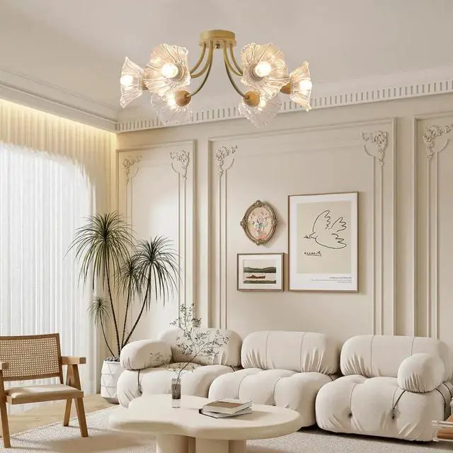 Alt view image 4 of 7 - Gold Brass Flush Mount Ceiling Lights Fixture 6-Light Mid Century Modern Ceiling Light with Clear Glass Flower Shape Shade Sputnik Ceiling Lighting for Bedroom Living Dining Room