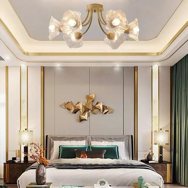 Alt view image 5 of 7 - Gold Brass Flush Mount Ceiling Lights Fixture 6-Light Mid Century Modern Ceiling Light with Clear Glass Flower Shape Shade Sputnik Ceiling Lighting for Bedroom Living Dining Room