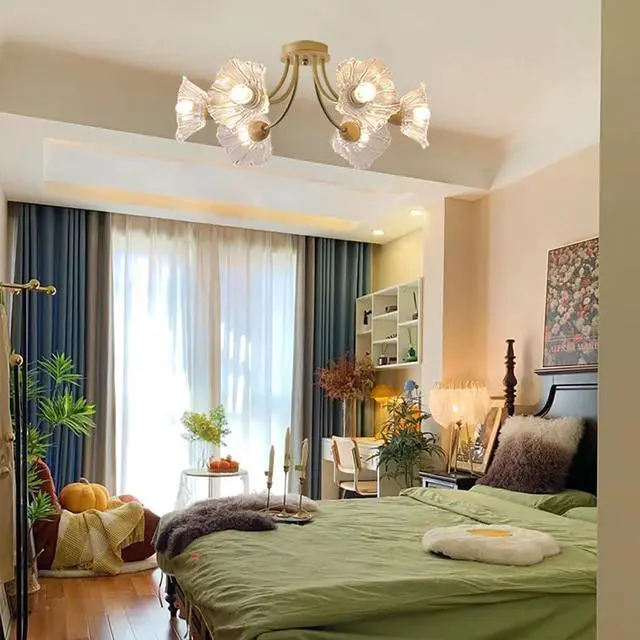 Alt view image 6 of 7 - Gold Brass Flush Mount Ceiling Lights Fixture 6-Light Mid Century Modern Ceiling Light with Clear Glass Flower Shape Shade Sputnik Ceiling Lighting for Bedroom Living Dining Room