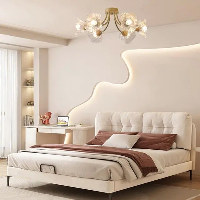 Alt view image 7 of 7 - Gold Brass Flush Mount Ceiling Lights Fixture 6-Light Mid Century Modern Ceiling Light with Clear Glass Flower Shape Shade Sputnik Ceiling Lighting for Bedroom Living Dining Room