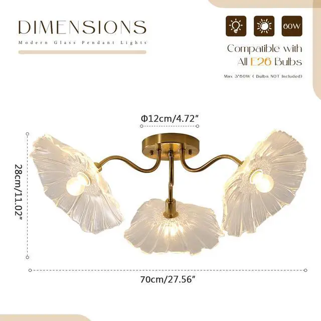 Alt view image 2 of 7 - Mid Century Modern Close to Ceiling Light Fixtures Flower Flush Mount Ceiling Lights Glass Chandelier 3-Light Gold Brass Overhead Light Sputnik Ceiling Lighting for Dining Living Room
