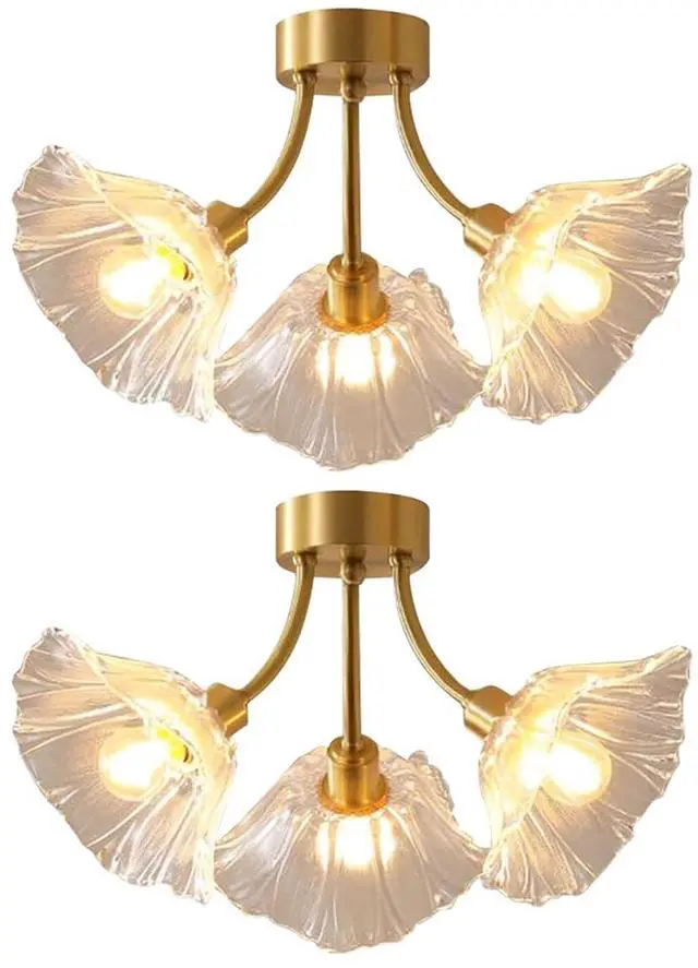 Main image of Gold Brass Flush Mount Ceiling Lights Glass Chandelie 3-Lights Clear Flower Glass Shade Mid Century Modern Close to Ceiling Light Fixtures Sputnik Overhead Light Dining Room 2-Pack