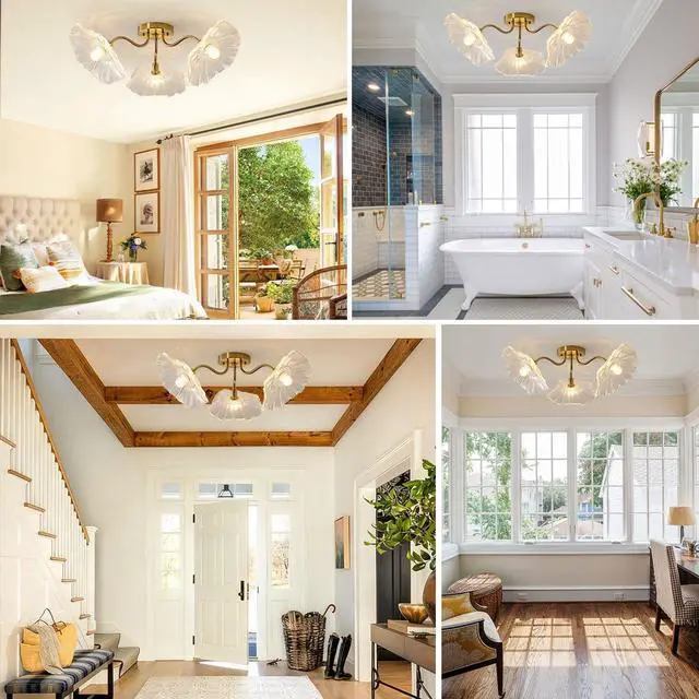 Alt view image 7 of 7 - Mid Century Modern Close to Ceiling Light Fixtures Flower Flush Mount Ceiling Lights Glass Chandelier 3-Light Gold Brass Overhead Light Sputnik Ceiling Lighting for Dining Living Room