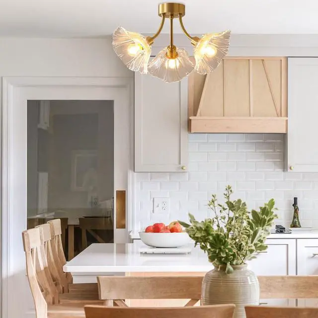 Alt view image 6 of 7 - Gold Brass Flush Mount Ceiling Lights Glass Chandelie 3-Lights Clear Flower Glass Shade Mid Century Modern Close to Ceiling Light Fixtures Sputnik Overhead Light Dining Room 2-Pack