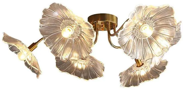 Main image of Mid Century Modern Flush Mount Ceiling Light Fixture 6 Lights Gold Brass Ceiling Lights with Clear Glass Flower Shade Sputnik Chandelier Dining Room Large Close to Lighting Fixtures