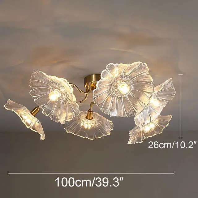 Alt view image 2 of 7 - Mid Century Modern Flush Mount Ceiling Light Fixture 6 Lights Gold Brass Ceiling Lights with Clear Glass Flower Shade Sputnik Chandelier Dining Room Large Close to Lighting Fixtures