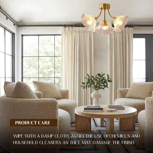 Alt view image 5 of 7 - Gold Brass Flush Mount Ceiling Lights Glass Chandelie 3-Lights Clear Flower Glass Shade Mid Century Modern Close to Ceiling Light Fixtures Sputnik Overhead Light Dining Room 2-Pack