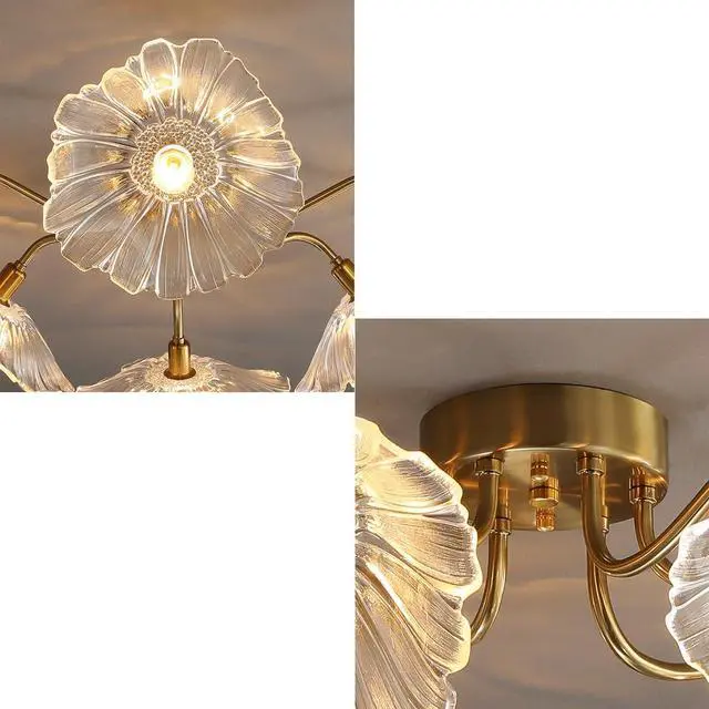 Alt view image 3 of 7 - Mid Century Modern Flush Mount Ceiling Light Fixture 6 Lights Gold Brass Ceiling Lights with Clear Glass Flower Shade Sputnik Chandelier Dining Room Large Close to Lighting Fixtures