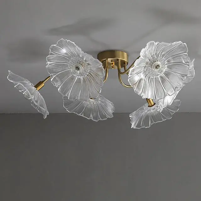 Alt view image 4 of 7 - Mid Century Modern Flush Mount Ceiling Light Fixture 6 Lights Gold Brass Ceiling Lights with Clear Glass Flower Shade Sputnik Chandelier Dining Room Large Close to Lighting Fixtures