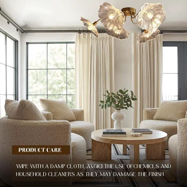 Alt view image 5 of 7 - Mid Century Modern Flush Mount Ceiling Light Fixture 6 Lights Gold Brass Ceiling Lights with Clear Glass Flower Shade Sputnik Chandelier Dining Room Large Close to Lighting Fixtures