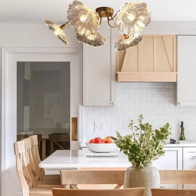 Alt view image 6 of 7 - Mid Century Modern Flush Mount Ceiling Light Fixture 6 Lights Gold Brass Ceiling Lights with Clear Glass Flower Shade Sputnik Chandelier Dining Room Large Close to Lighting Fixtures