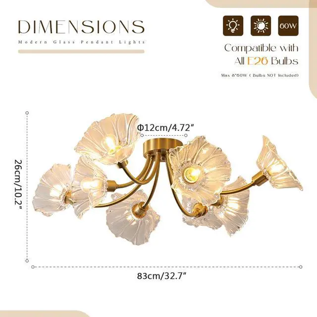 Alt view image 2 of 7 - Sputnik Flush Mount Ceiling Light Fixture 8-Lights Brass Close to Ceiling Light with Clear Glass Flower Shape Mid Century Modern Ceiling Lighting Chandelier Bedroom Living Dining Room