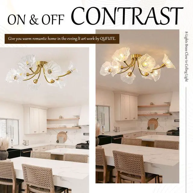 Alt view image 4 of 7 - Sputnik Flush Mount Ceiling Light Fixture 8-Lights Brass Close to Ceiling Light with Clear Glass Flower Shape Mid Century Modern Ceiling Lighting Chandelier Bedroom Living Dining Room