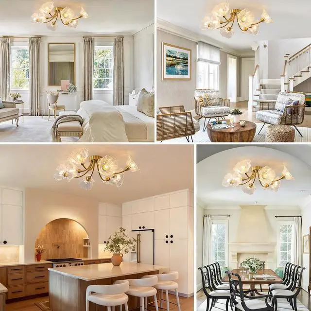 Alt view image 7 of 7 - Sputnik Flush Mount Ceiling Light Fixture 8-Lights Brass Close to Ceiling Light with Clear Glass Flower Shape Mid Century Modern Ceiling Lighting Chandelier Bedroom Living Dining Room