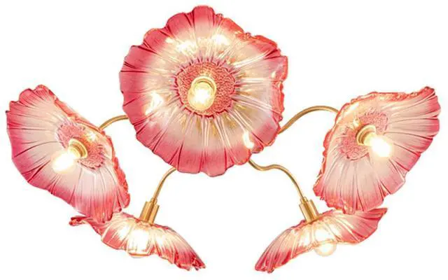 Main image of Pink Flower Glass Ceiling Light Fixture Gold Brass Chandelier 5 Lamp | Mid Century Modern Chandelier 32.68 Flower Shape Brushed Gold Flush Mount Lights E26 Base Bedroom Living Room Dining Room
