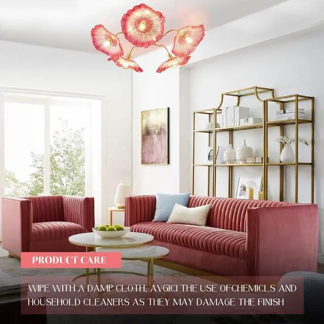 Alt view image 5 of 7 - Pink Flower Glass Ceiling Light Fixture Gold Brass Chandelier 5 Lamp | Mid Century Modern Chandelier 32.68 Flower Shape Brushed Gold Flush Mount Lights E26 Base Bedroom Living Room Dining Room