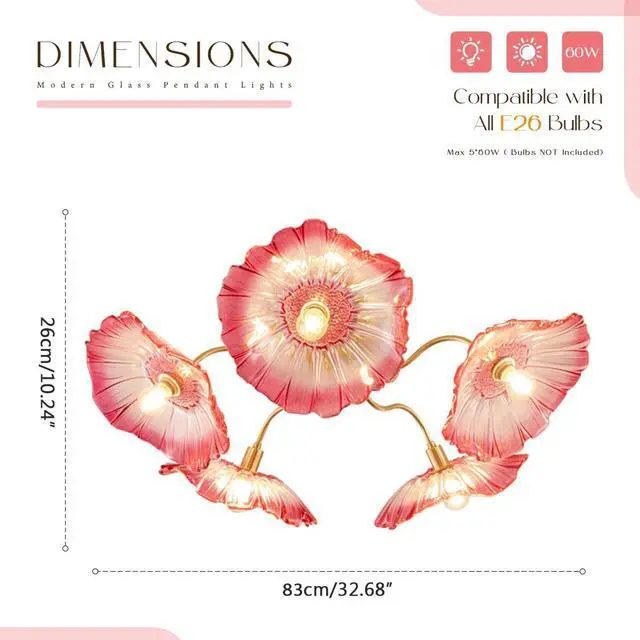 Alt view image 2 of 7 - Pink Flower Glass Ceiling Light Fixture Gold Brass Chandelier 5 Lamp | Mid Century Modern Chandelier 32.68 Flower Shape Brushed Gold Flush Mount Lights E26 Base Bedroom Living Room Dining Room