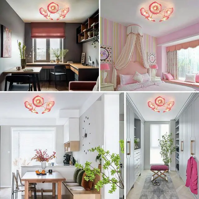 Alt view image 7 of 7 - Pink Flower Glass Ceiling Light Fixture Gold Brass Chandelier 5 Lamp | Mid Century Modern Chandelier 32.68 Flower Shape Brushed Gold Flush Mount Lights E26 Base Bedroom Living Room Dining Room