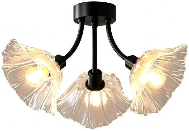 Main image of Glass Chandelier Clear Flower Black Brass Flush Mount Ceiling Light | Sputnik 3-Lights Close to Ceiling Light Fixtures,Mid century Vintage Chandelier,E26, Living Room,Dining Room,Farmhouse,Foyer